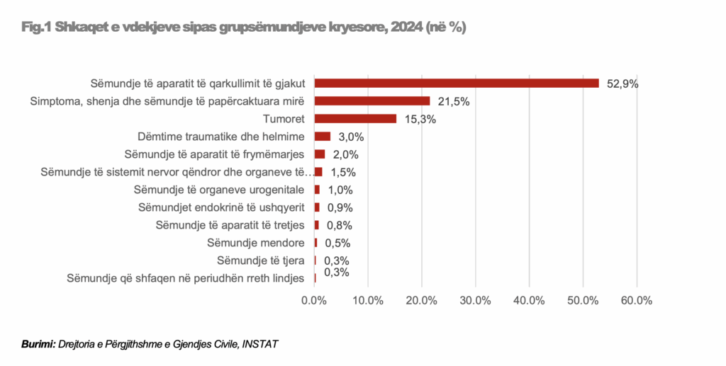 Shkaku i vdekjeve në Shqipëri gjatë 2024. Burimi: INSTAT